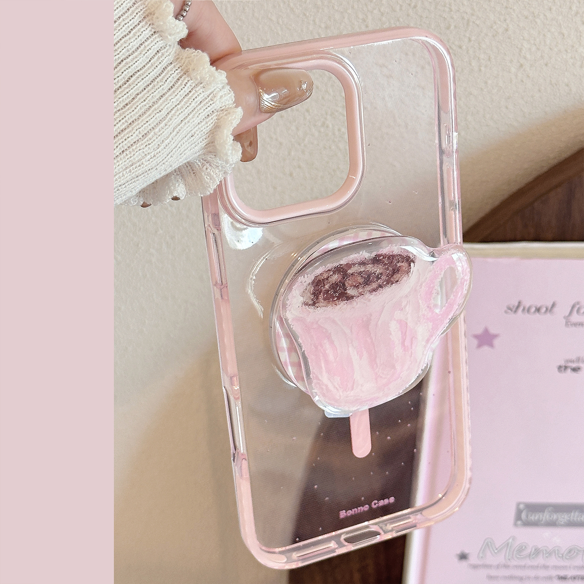 Pink MagSafe Stand Case for iPhone 16 Pro Max 17 Clear Coffee Cup Cover