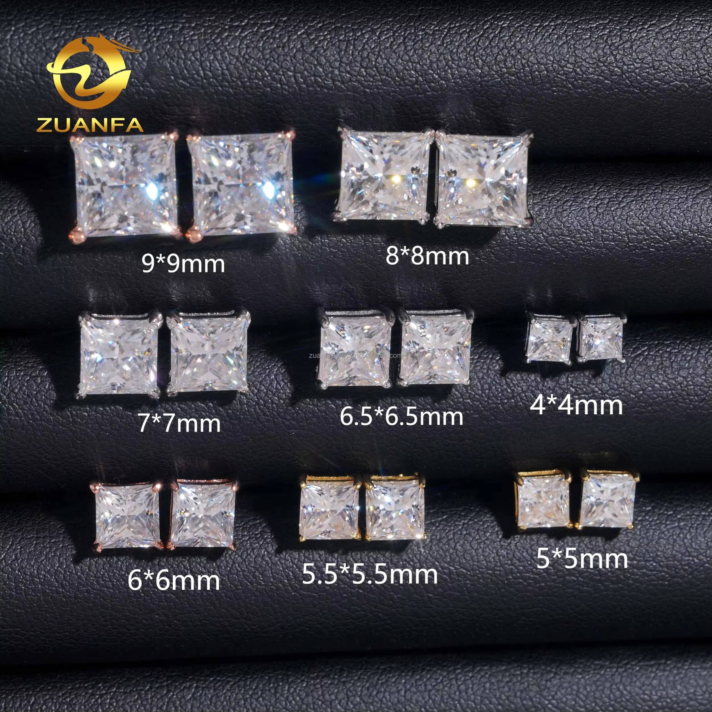 Wholesale Fashion Jewelry Princess Cut Single Diamond Ear Studs VVS Moissanite 925 Sterling Silver Stud Earring for Men Women