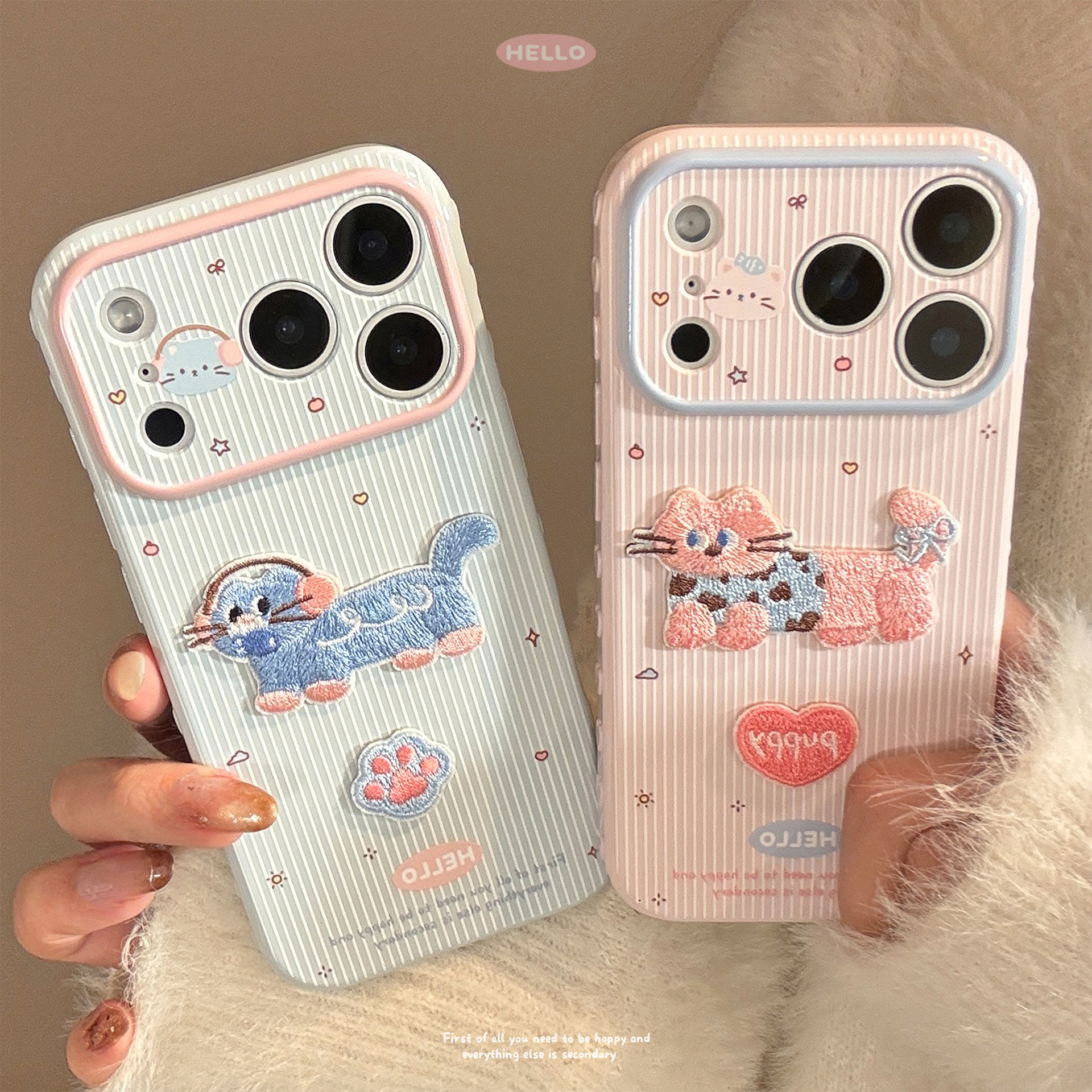 Embroidered Cat Striped Case for iPhone 17 Pro Max 16 Shockproof Cover