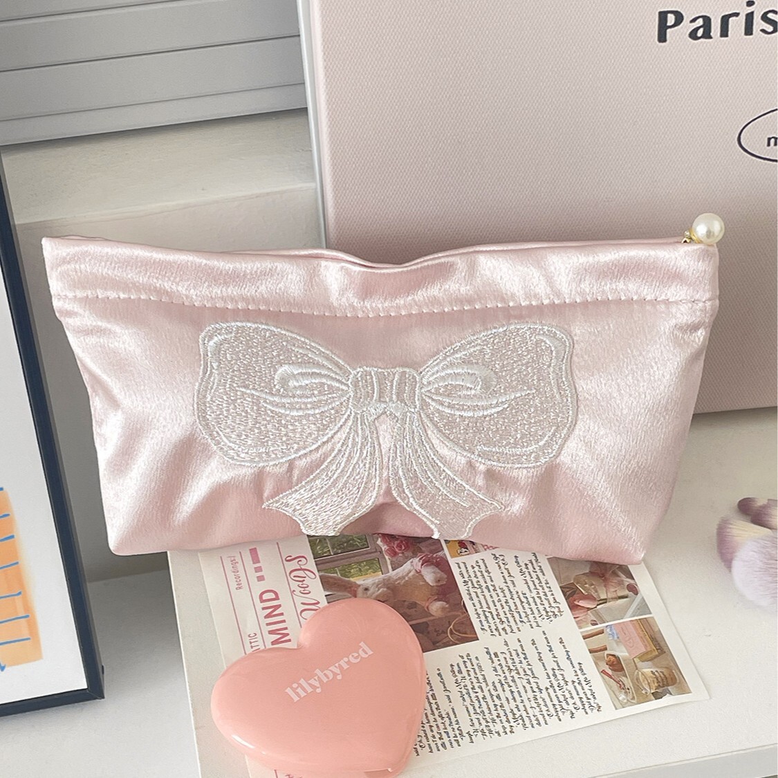 Storage Bag Pink Pearlescent Bow Cute Girly High End Large Capacity Embroidered Satin Makeup Storage
