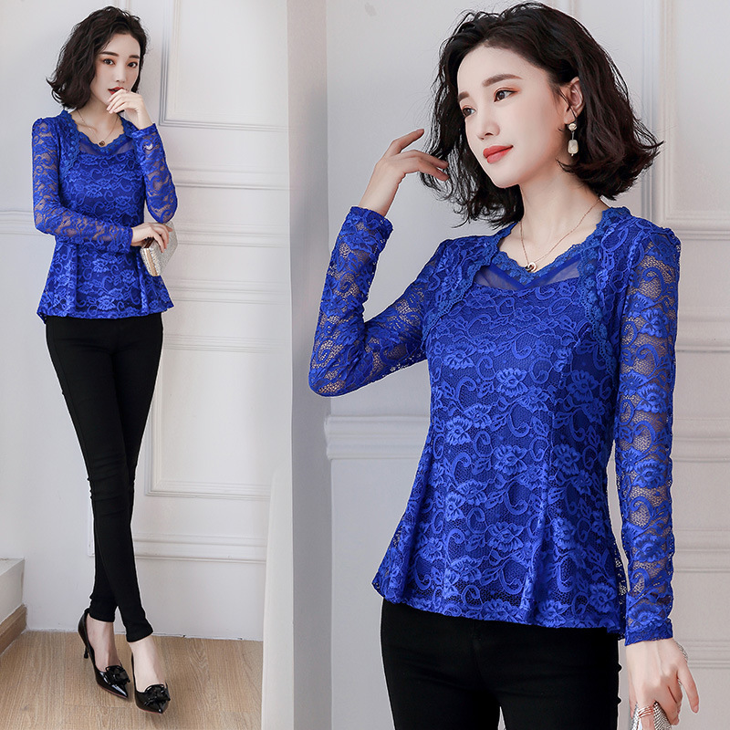 2025 Spring New Large Size Elegant Waist-Slimming Long Lace Blouse for Women Solid Color Suitable for Mothers 210317