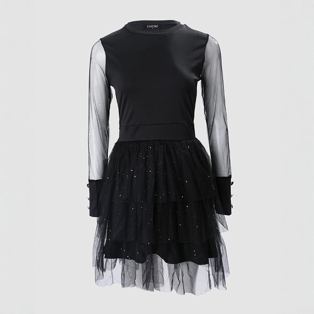 Women Fashion Black Mesh Splicing Cocktail Party Dress Club Dress Long Sleeve Mini Dress 210716