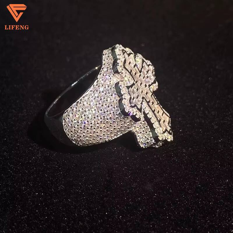 Fine Jewelry Mens Cross Ring 14K/18K White Gold Plated VVS Moissanite Ice Diamond 925 Sterling Silver Baguette Cut Hip Hop