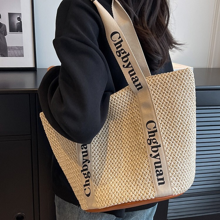 Large Woven Straw Bag, Women's Adjustable Shoulder Handbag with Letter Print, Trendy Summer Vacation Tote - view 5