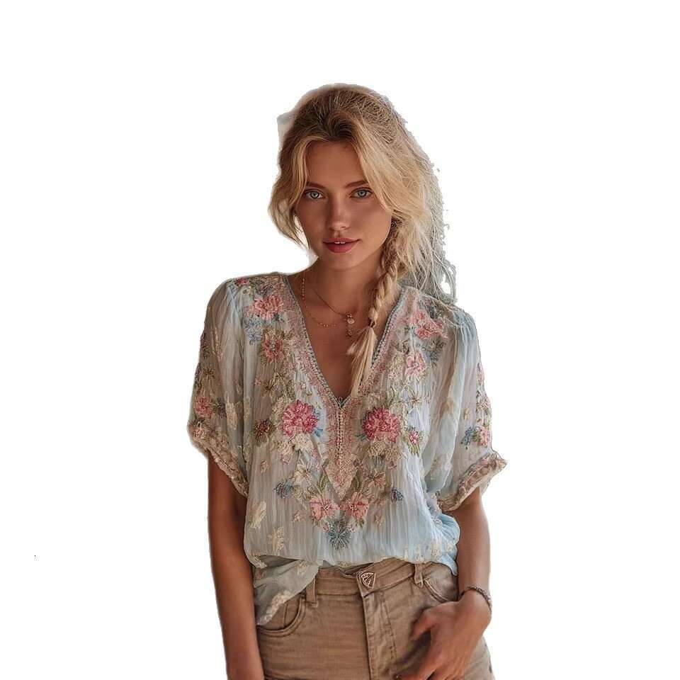 Cross-Border European American Summer New Style V-Neck Elegant And Artistic Retro Short-Sleeve Top For Women