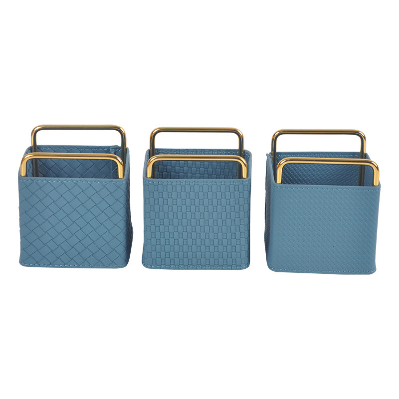 Pen Holder Modern Minimalist Hand Woven Leather For Office Study Living Room Entryway Key Remote Control Storage Ornament Orange Color Luxury Style