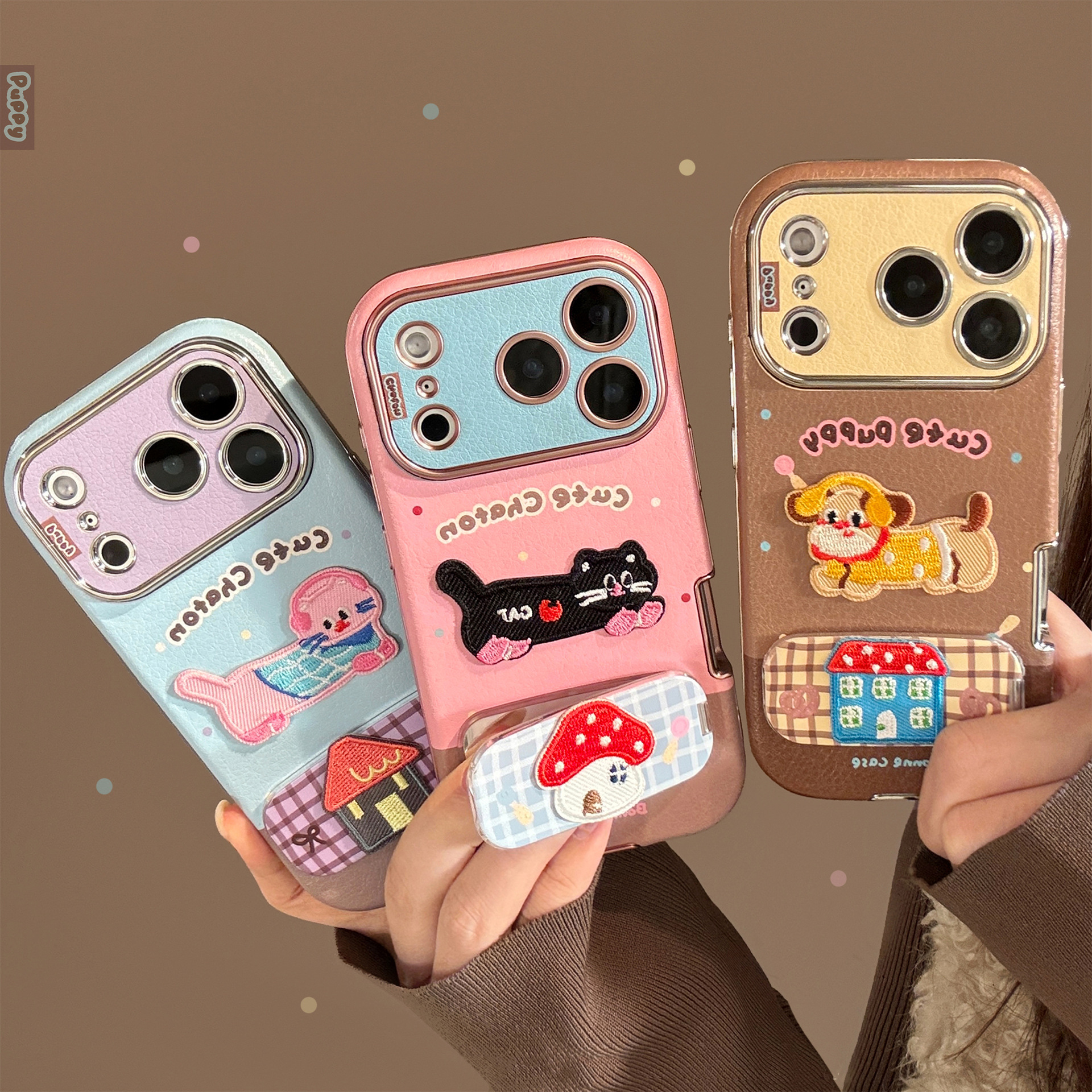 Embroidered Cat Dog Case for iPhone 17 Pro Max 16 Leather Stand Cover