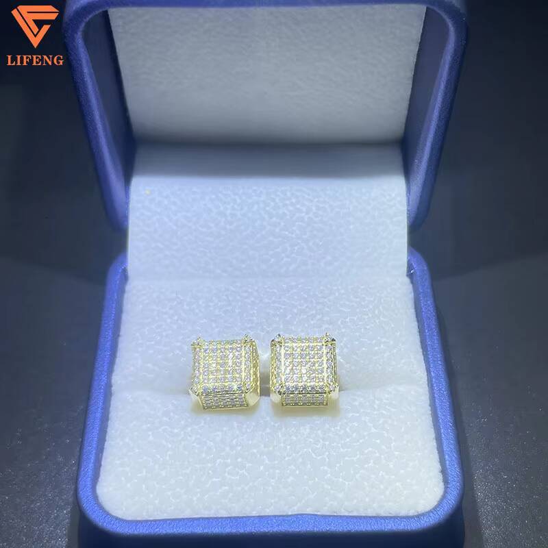 925 Sterling Silver Fine Jewelry Earrings Shiny Square Pleated With Gold Iced Out Moissanite for Men Women