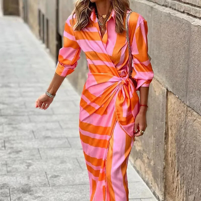 European and American cross-border fashion printed shirt collar lace-up midi striped dress 260407