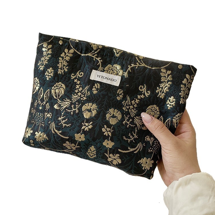 Storage Bag Large Capacity Vintage Embroidered Flowers Design Travel Portable Clutch Toiletry Bag Black Gold Color