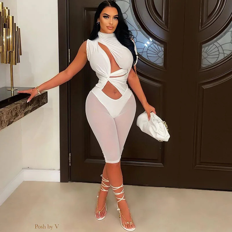 Sexy Mesh Patchwork See Through Skinny Playsuit Women One Shoulder Draped Hollow Out One Piece Rompers Party Club Jumpsuit Short 260407