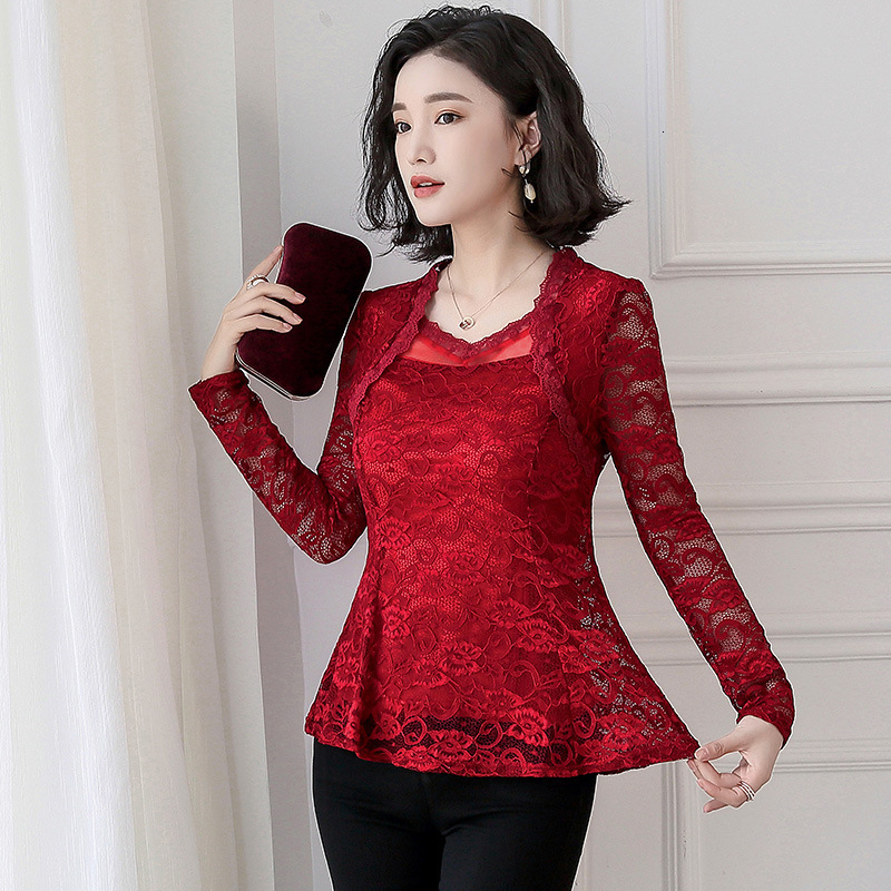2025 Spring New Large Size Elegant Waist-Slimming Long Lace Blouse for Women Solid Color Suitable for Mothers 210317