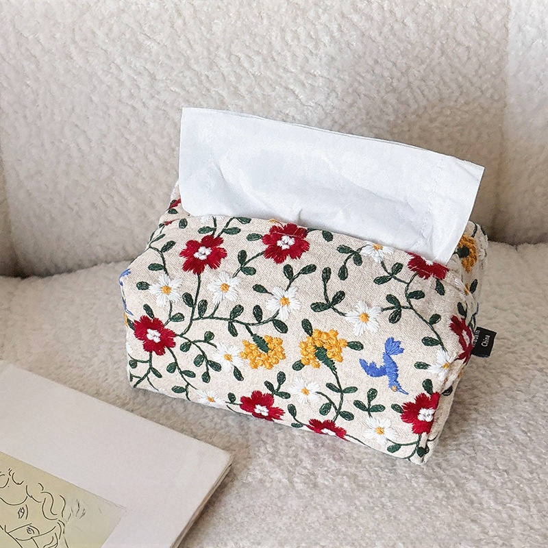 Tissue Box Cover Ins Embroidery High End Fabric Cotton Linen Desktop Tissue Dispenser For Home Bedroom Living Room Black White Flower Style