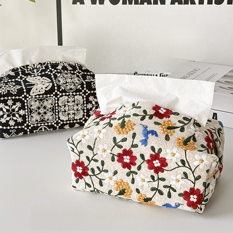 Tissue Box Cover Ins Embroidery High End Fabric Cotton Linen Desktop Tissue Dispenser For Home Bedroom Living Room Black White Flower Style