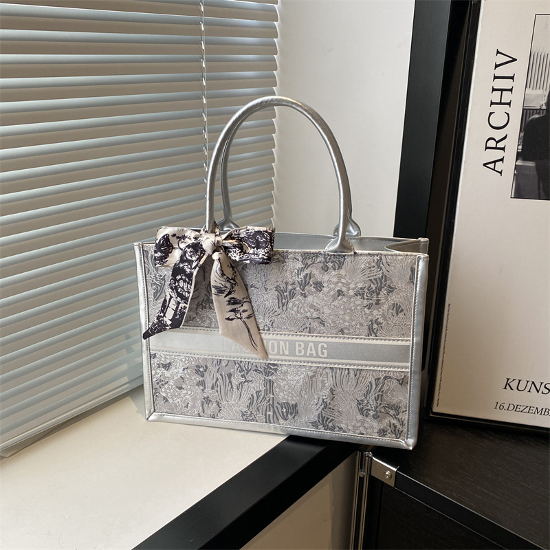 Embroidered Floral Tote Bag for Women - Premium PU Leather Handbag with Silk Scarf, Luxury Large Capacity Shoulder Bag