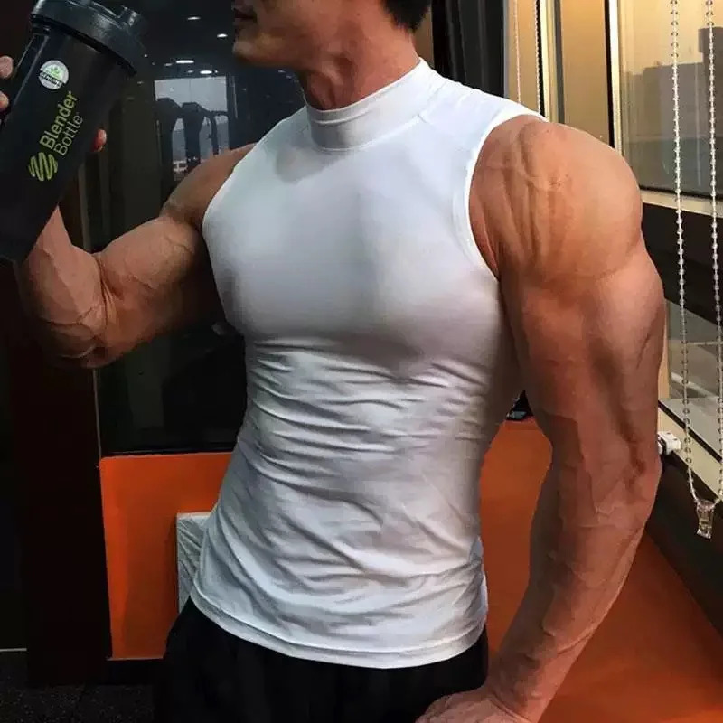Mens Sleeveless Turtleneck Compression Shirt Man Quick Dry Workout Fitness Gym Tank Top Base Layer Bodybuilding Running Vest 260407