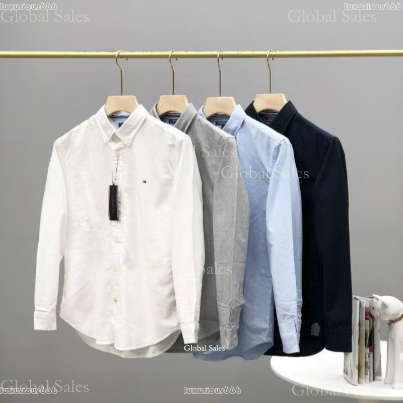 tommyyshilfigerss Shirt Spring And Summer Men's Casual Business Solid Color Embroidered Logo Oxford Shirt Sleeve Base High Quality Tommylys Hilfigerlys Shirts d48