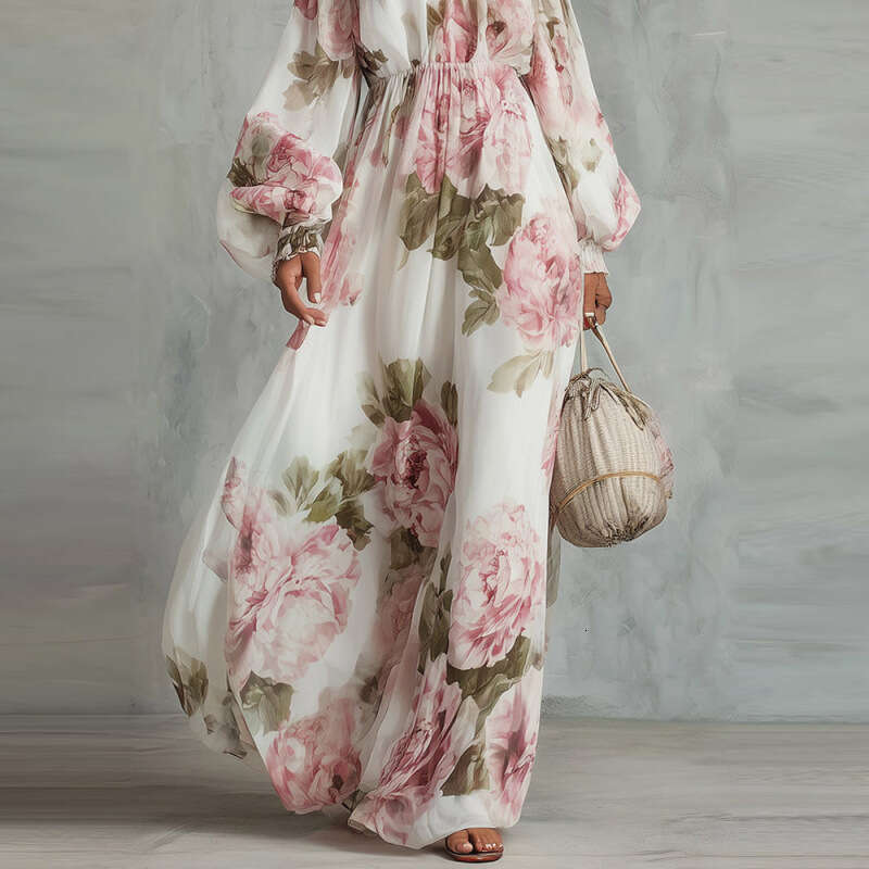 2026 New European And American Cross-Border Amazon Fashion Best-Seller Printed Off-Shoulder Lantern Sleeve Elegant Dress