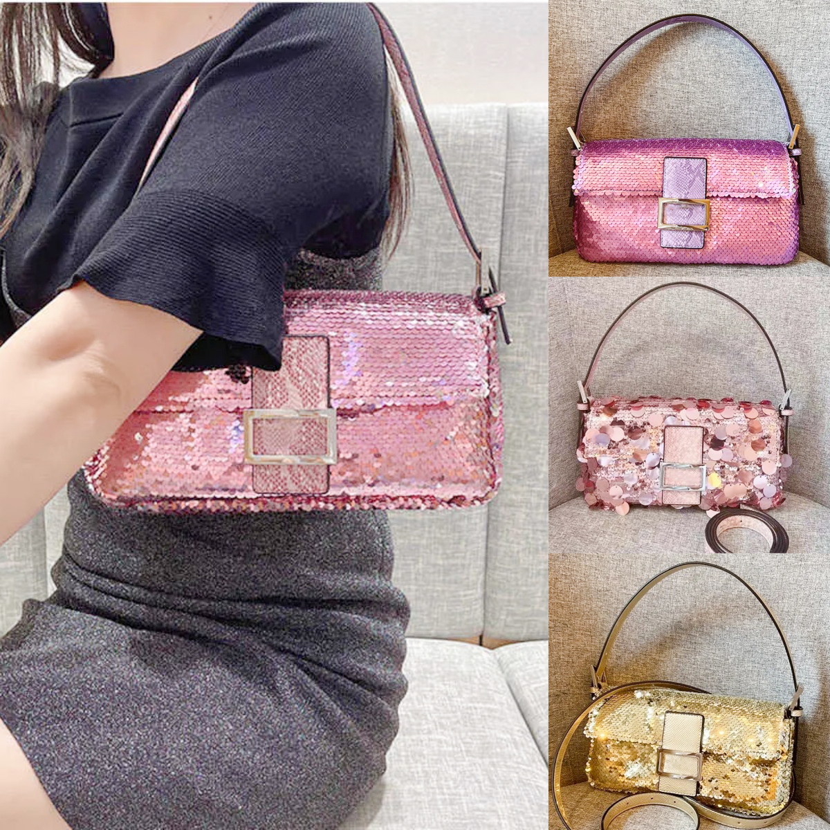 Luxury Sequins baguette bag Designer Even bag woman man Clutch tote handbag classic flap pink sequin Crossbody bag Underarm satchel party lady camera Shoulder Bags