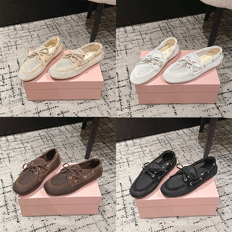 Womens Mesh Suede Deck Shoes Ladies Preppy Wardrobe Classic Boat Shoes 5D585E Designer Apron Embroidered Logo Rubber Sole Leather Insole Size 35 40
