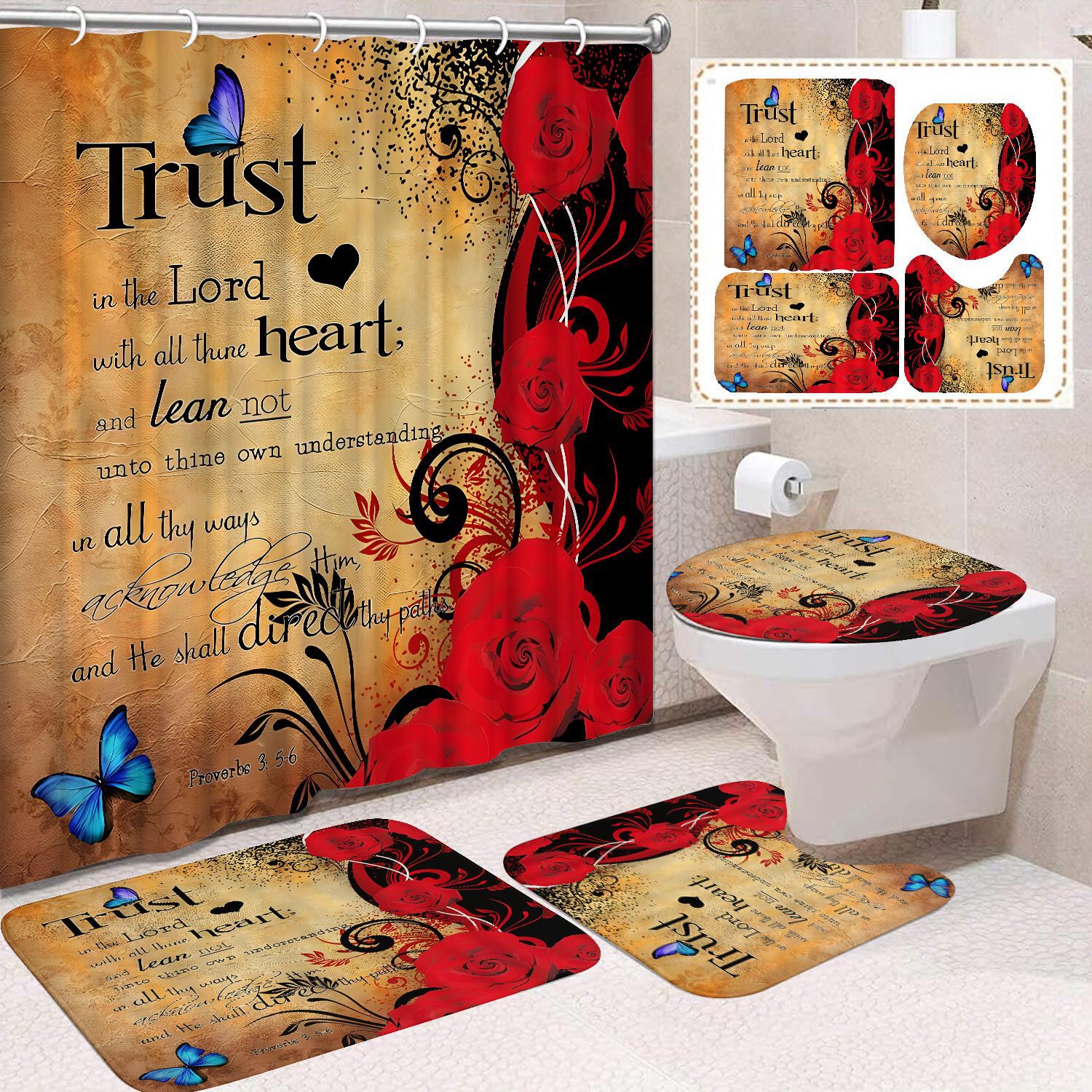 YL-38459 Home Decor Pink Butterfly and Flower Waterproof Shower Curtain Set (4 Pieces)