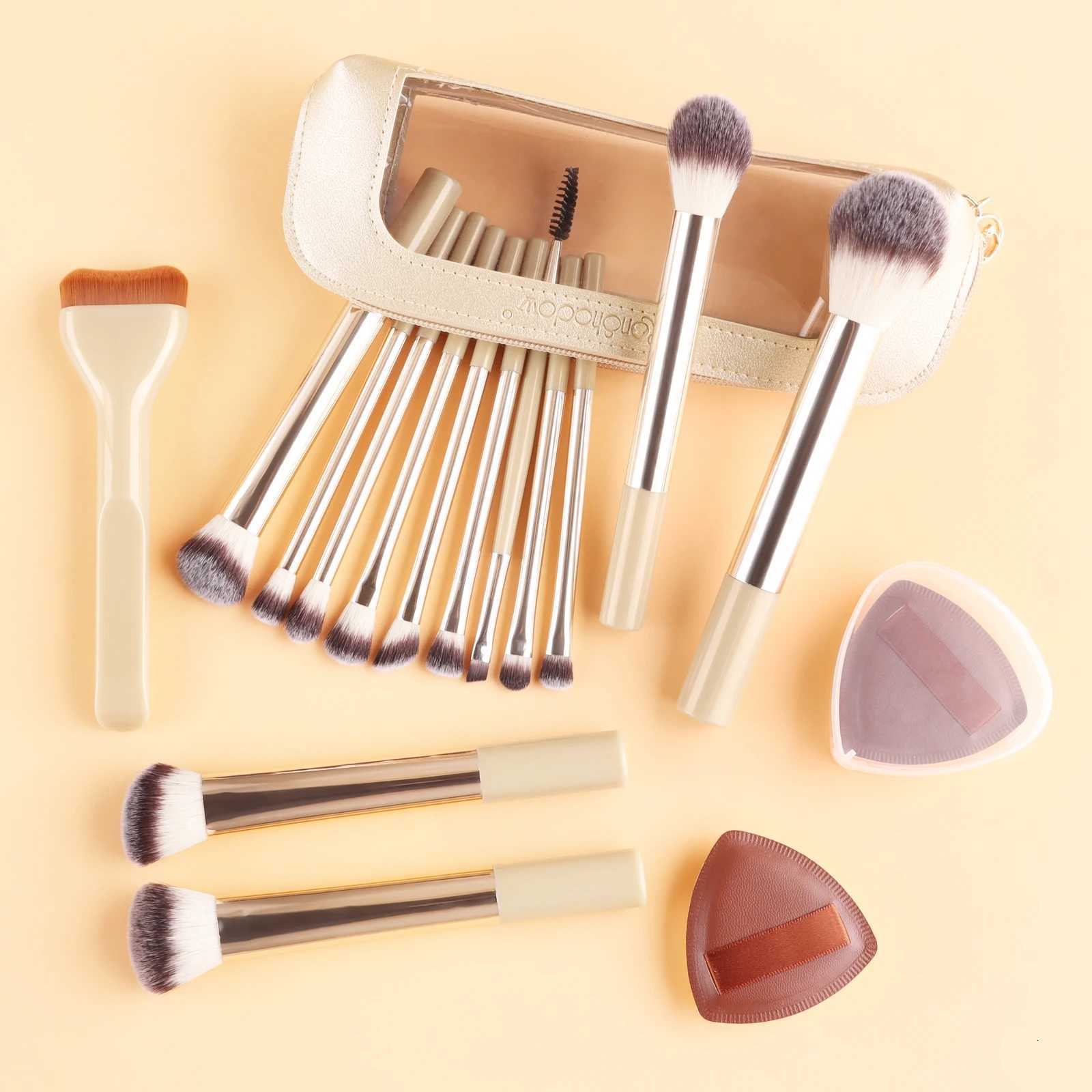 14 Pcs Makeup Brushes Kit with 2 Puffs and 1 Travel Cosmetic Bag for Foundation Eyeshadow Blush Z260408