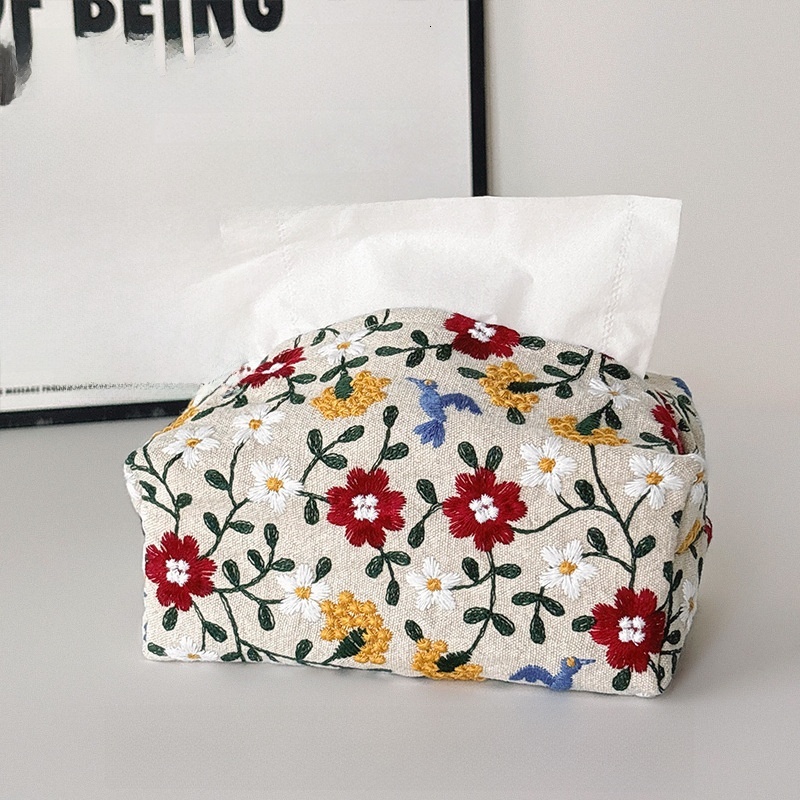 Tissue Box Cover Ins Embroidery High End Fabric Cotton Linen Desktop Tissue Dispenser For Home Bedroom Living Room Black White Flower Style
