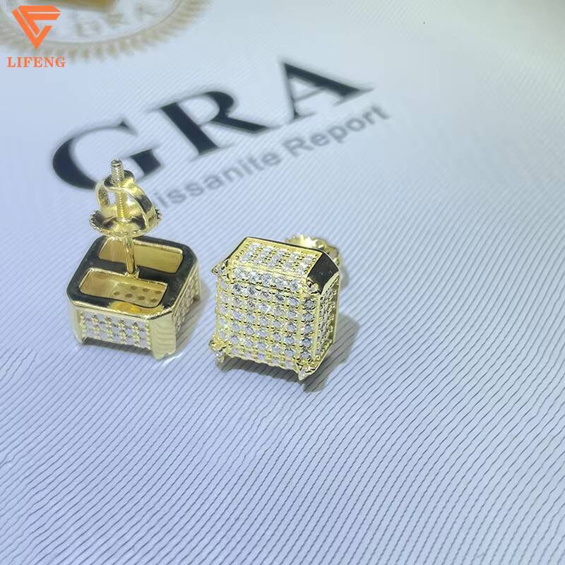 925 Sterling Silver Fine Jewelry Earrings Shiny Square Pleated With Gold Iced Out Moissanite for Men Women