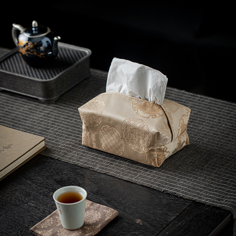 Tissue Box Chinese Style Light Luxury Black Leather Texture Gold Embossed Pattern Zen Tea Table Holder Living Room Household Tissue Cover