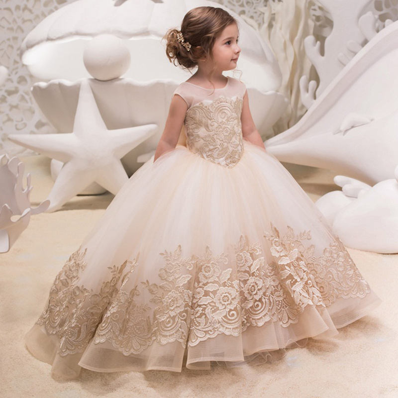 Children's formal princess dress, long style, host performance, runway show, piano performance, dress for flower girls, lace, puff skirt Z250716