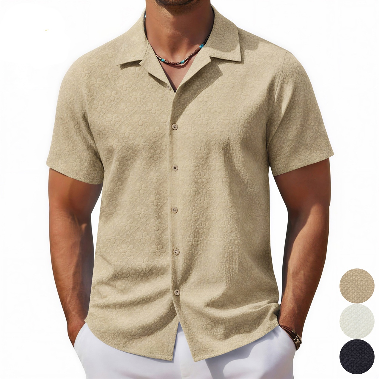 Luxury Brand Designer Clothes Foreign Trade Men's Clothing European And American Summer Men's Casual Shirt Jacquard Fabric Cuban Collar Shor