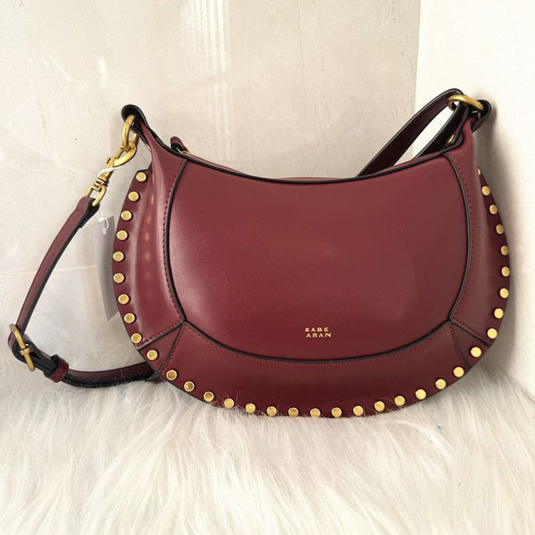 Vintage Leather Crescent Hobo Bag for Women - Premium Smooth Leather Handbag with Studs, Luxury Adjustable Shoulder Bag