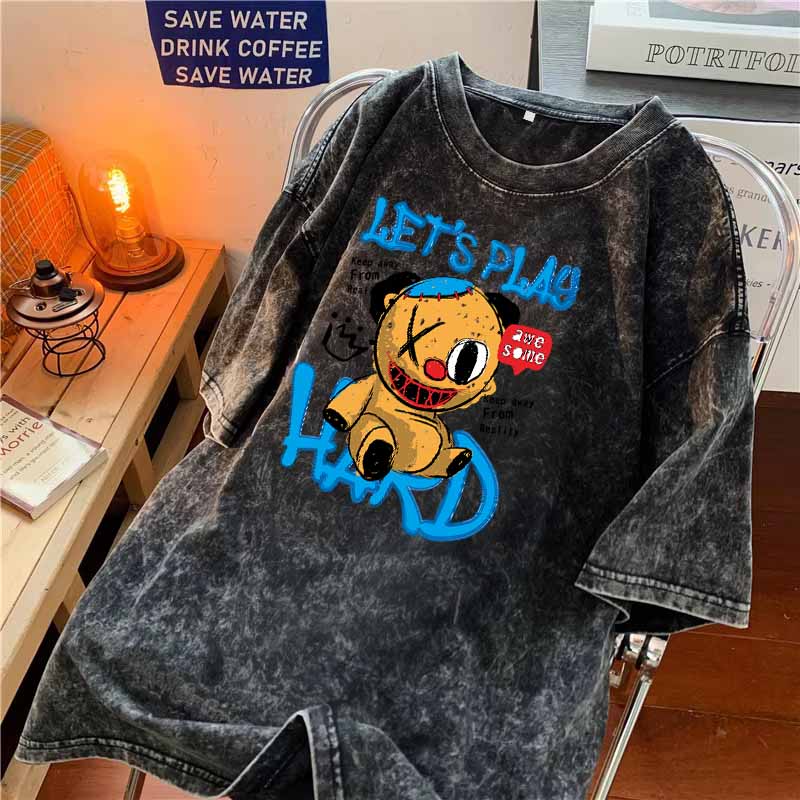 Vintage Washed Distressed T-Shirt, Men's Oversized Scary Bear Cartoon Graphic Tee, Streetwear Hip Hop Short Sleeve Top