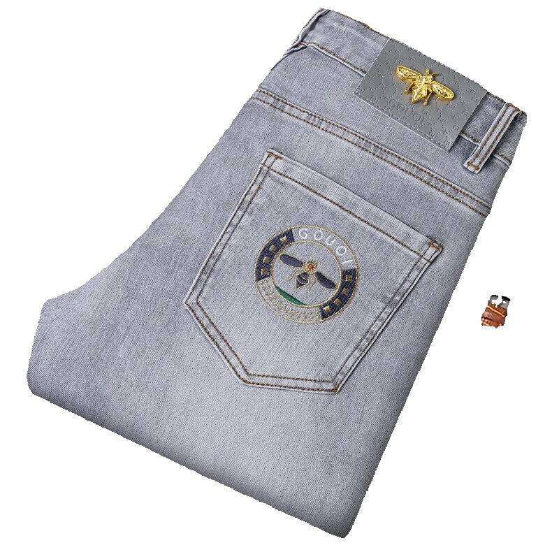 Spring Summer Mid Waist Stretch Slim Fit High End Embroidered Men's Long Ankle Length Pants Soft Breathable Lightweight Daily Wear Comfortable