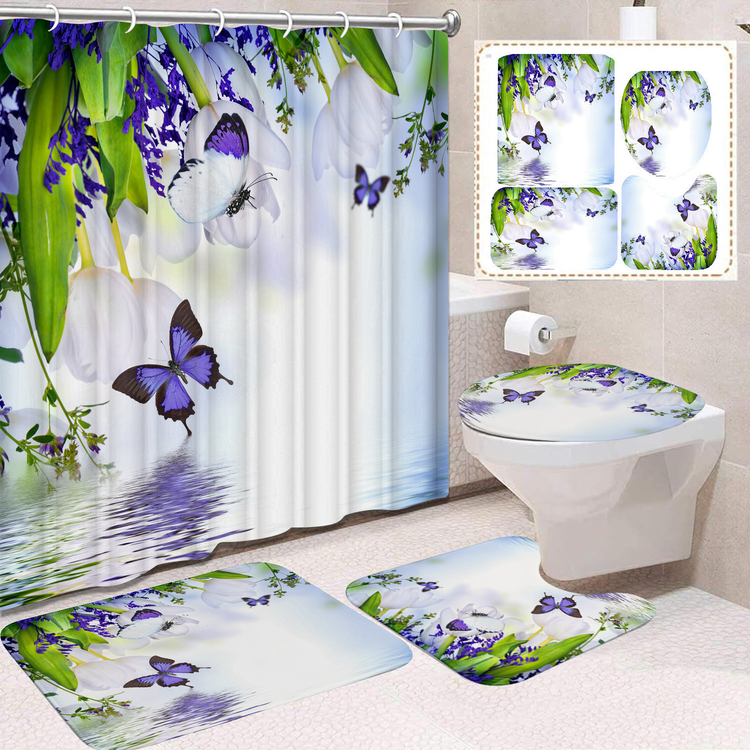 YL-38456 Home Decor Pink Butterfly and Flower Waterproof Shower Curtain Set (4 Pieces)