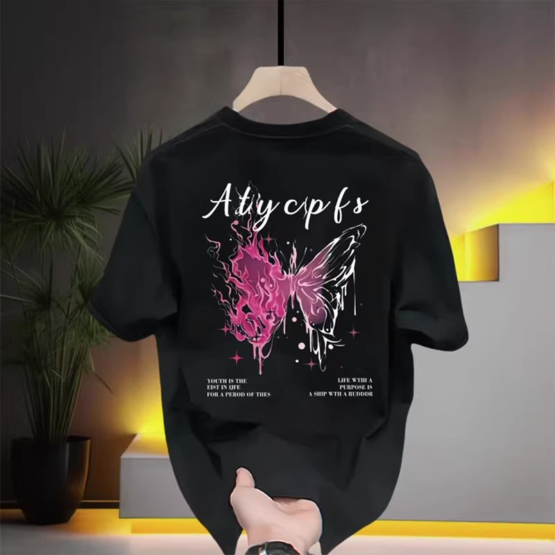 Summer New Arrivals Men's American Heavyweight Tees | Butterfly Print Streetwear Loose Couples Short-Sleeve Base Tops