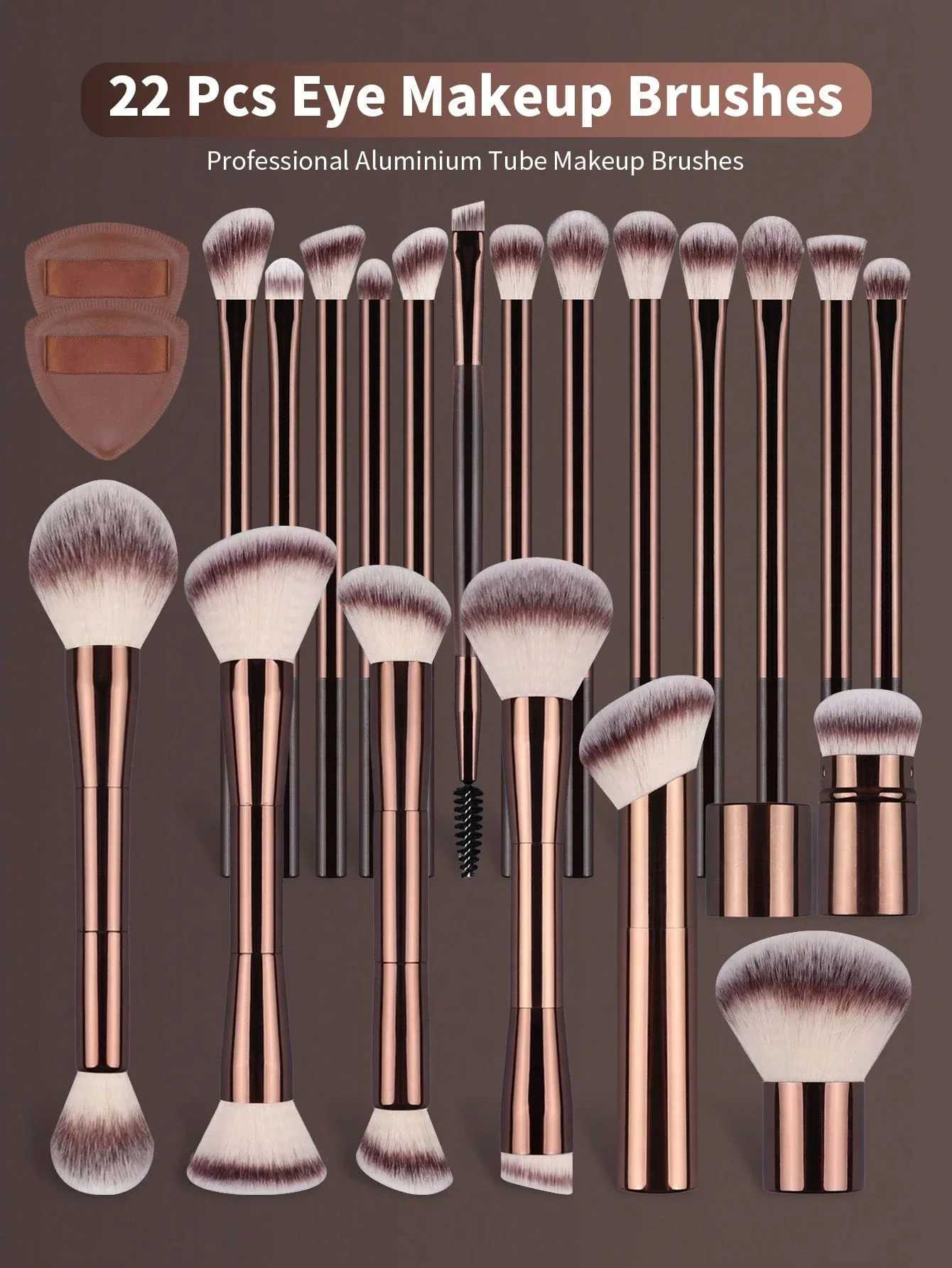 22pcs Professional Makeup Brush Set - 20pcs Long Aluminum Tube Soft Makeup Brushes 2pcs Sponge Puffs Accessories Including Powd Z260408