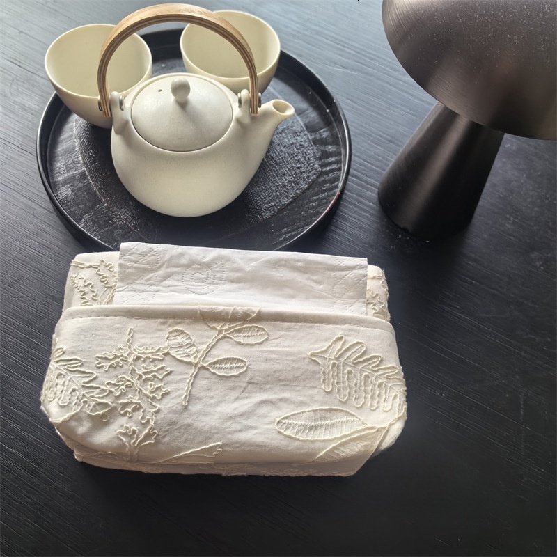 Tissue Box Cover Cotton Linen Embroidered French New Chinese Style Yellow White Camellia Plaid Pattern Fabric Tissue Storage Box
