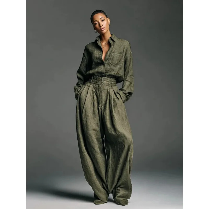 Vintage Women Two Piece Set Elegant Long Sleeve Shirt with Pocket Wide Leg Pants Autumn Army Green Loose Chic Outfits 260408