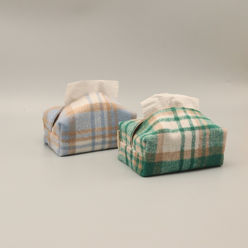 Tissue Box Cover Fabric Plaid Jacquard High End Tissue Holder For Living Room Desktop Car Office