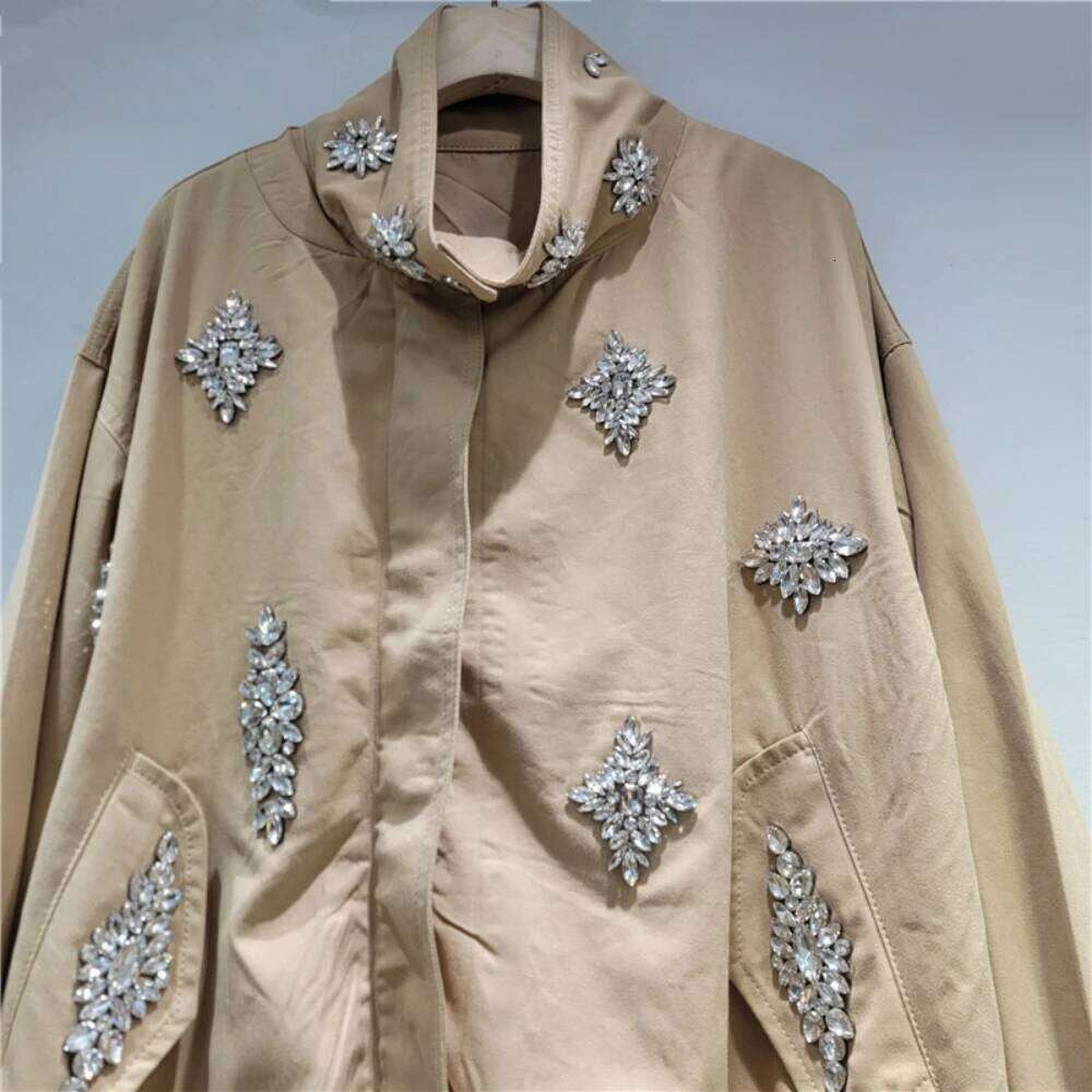 GALCAUR Khaki Spliced Diamonds Jacket Female Stand Collar Long Sleeve Loose Streetwear Casual Women's Jackets Autumn Fashion New Mdng260408