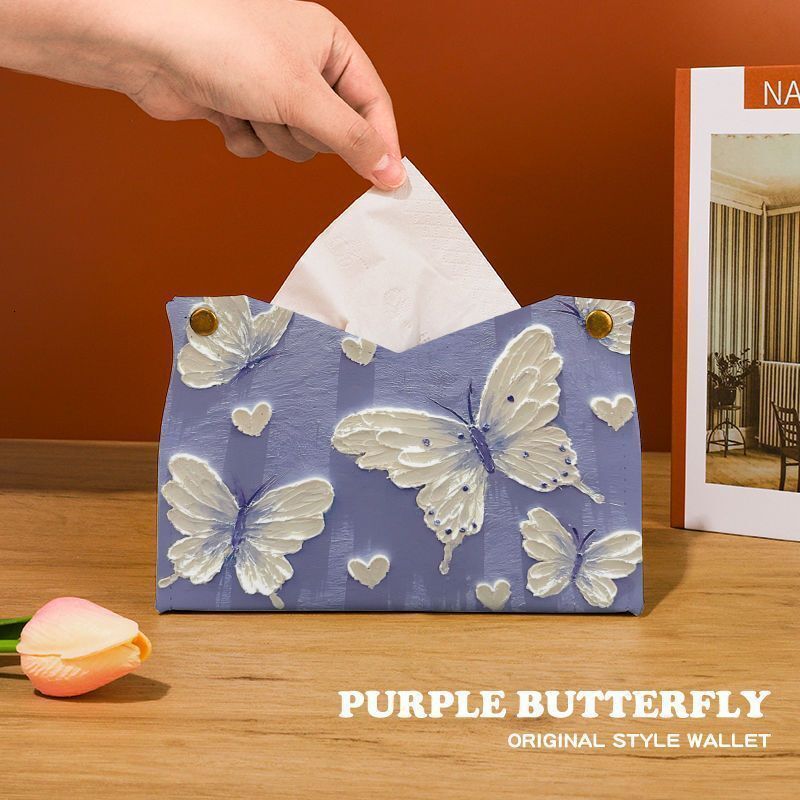 Tissue Box High End New Chinese Style Leather Oil Painting Butterfly Print Luxurious Home Decor For Coffee Table Living Room Household Use