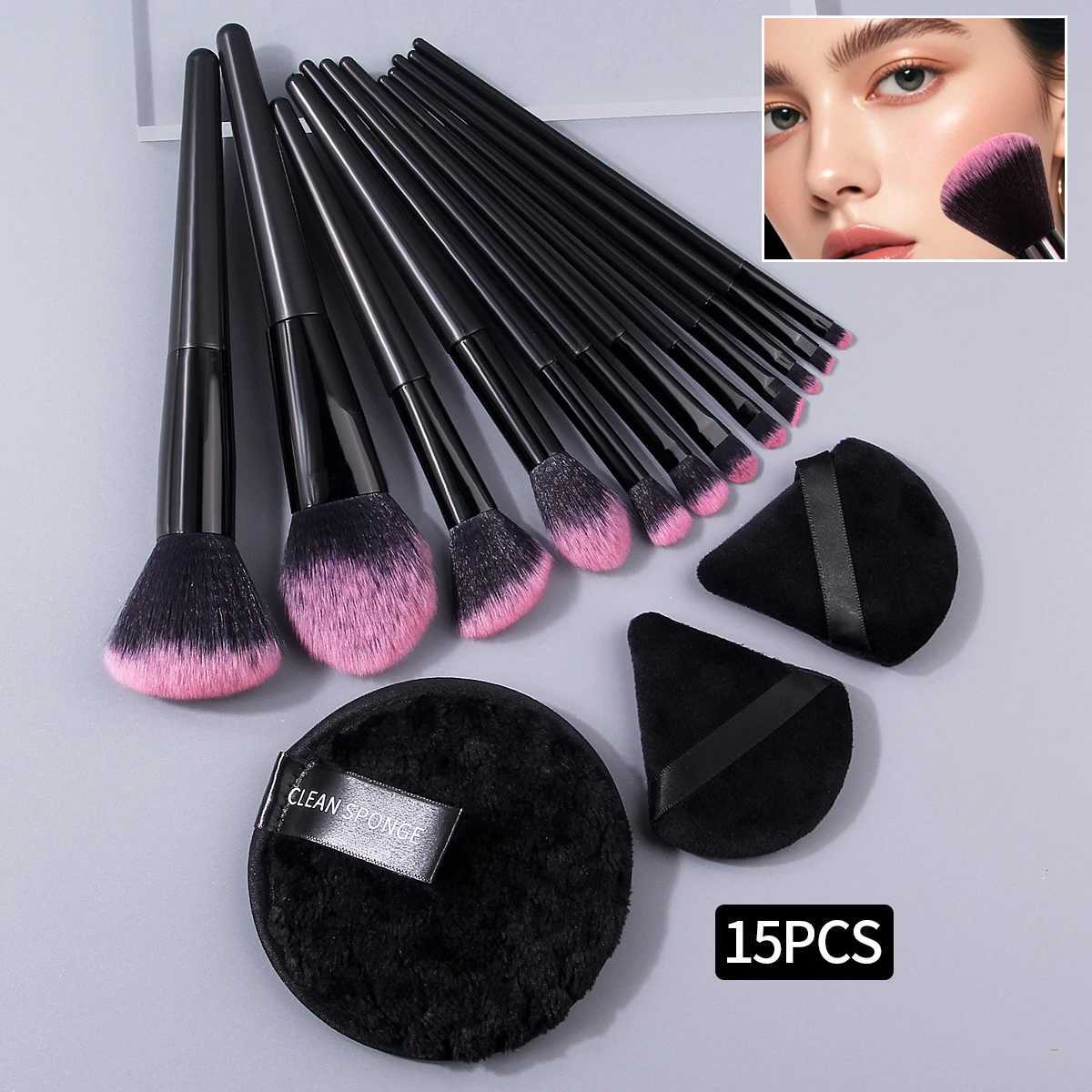 15PCS Soft fiber bristle multi-functional makeup brush set Dry and wet dual-purpose fan-shaped/round powder puff beauty tools Z260408