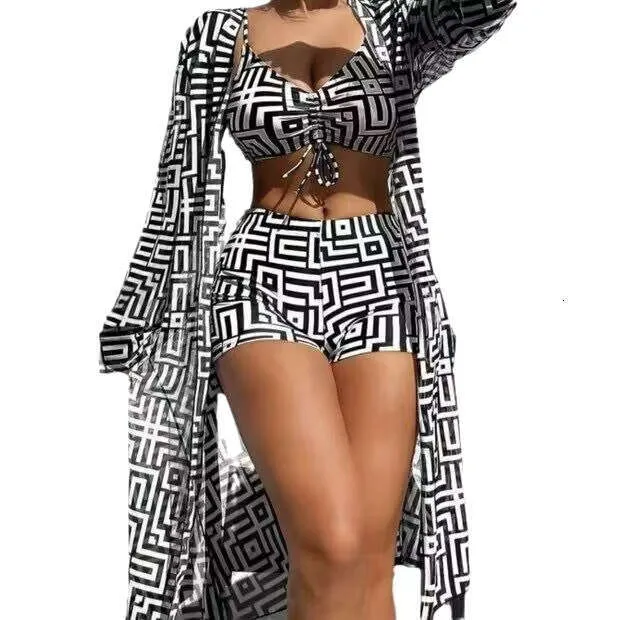 High Waisted Push Up Bikini Bottoms for Ladies Complete Swimsuit Ensemble Featuring Casual Flowy Blouse