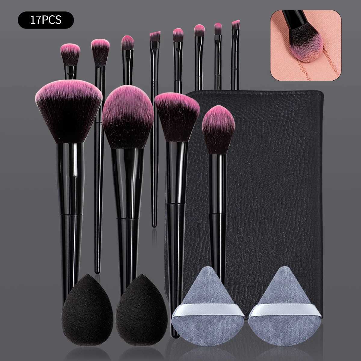 17PCS Portable Makeup Brush Set - Multi-purpose Facial Brush Set Super Soft Sponge/Blotting Pad Large Capacity Storage Bag Z260408