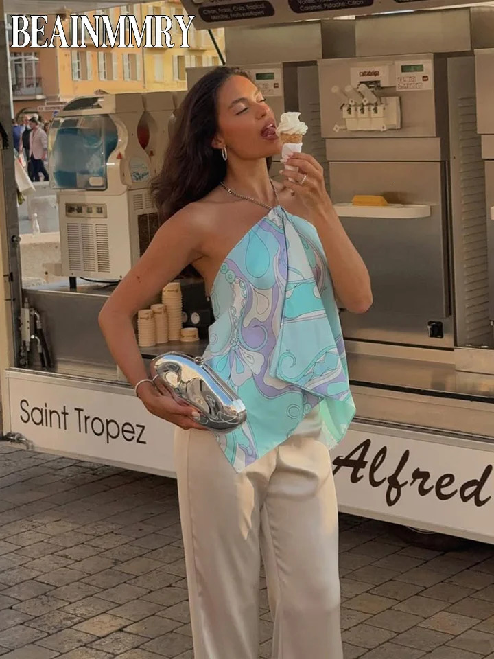 Lady Sexy Printed Backless Halter Top Chic Sleeveless Off Shoulder Irregular Loose Cropped Blouse 2026 Vacation Beach Tops 260408