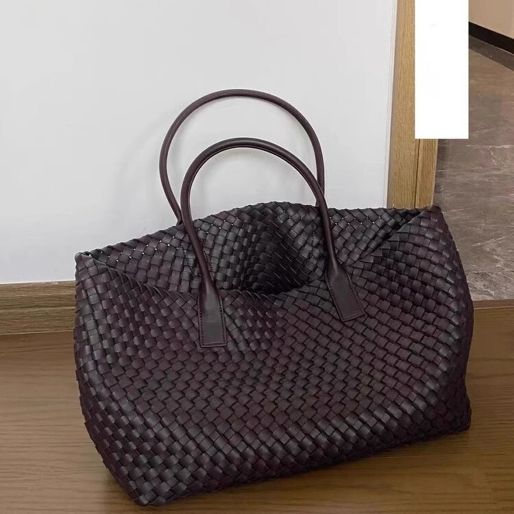 Hand Woven PU Large Capacity Tote Bag Double Top Handle Open Top Casual Shopping Shoulder Handbag For Daily Travel