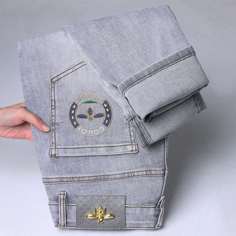 Spring Summer Mid Waist Stretch Slim Fit High End Embroidered Men's Long Ankle Length Pants Soft Breathable Lightweight Daily Wear Comfortable