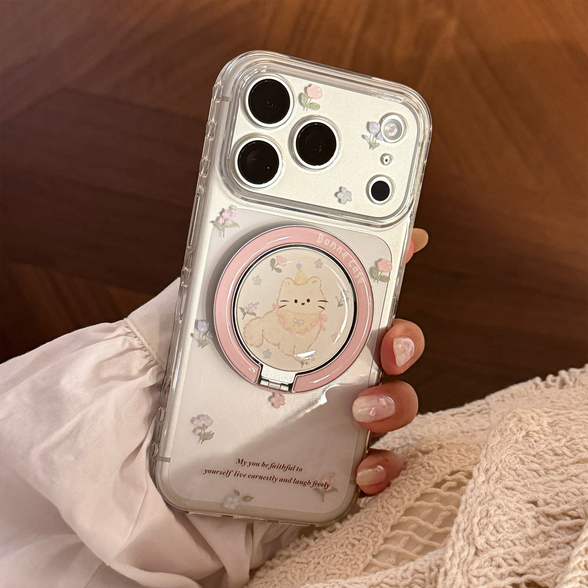 Flower Cat MagSafe Stand Case for iPhone 17 Pro Max 16 Clear Cartoon Cover