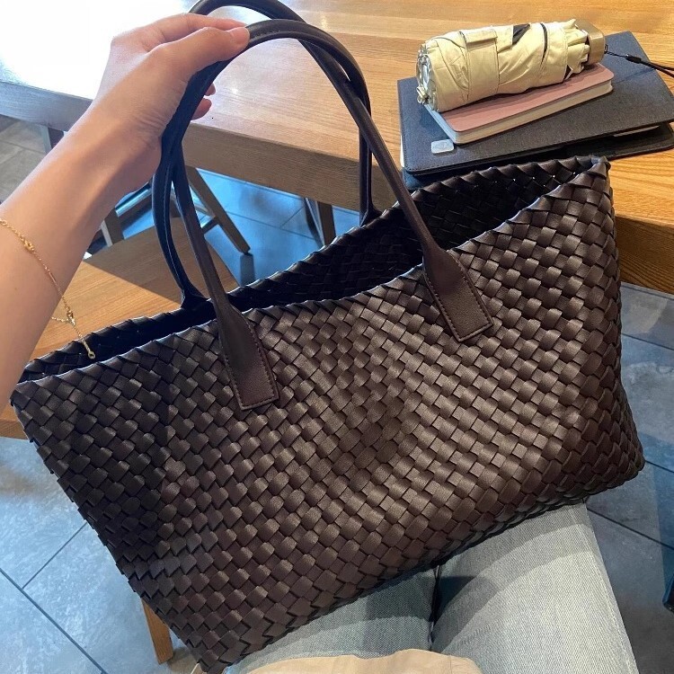 Hand Woven PU Large Capacity Tote Bag Double Top Handle Open Top Casual Shopping Shoulder Handbag For Daily Travel